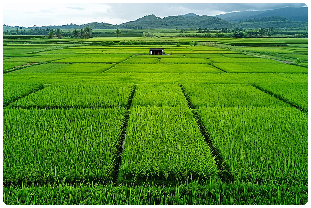 Vibrant green rice fields with a central hut.